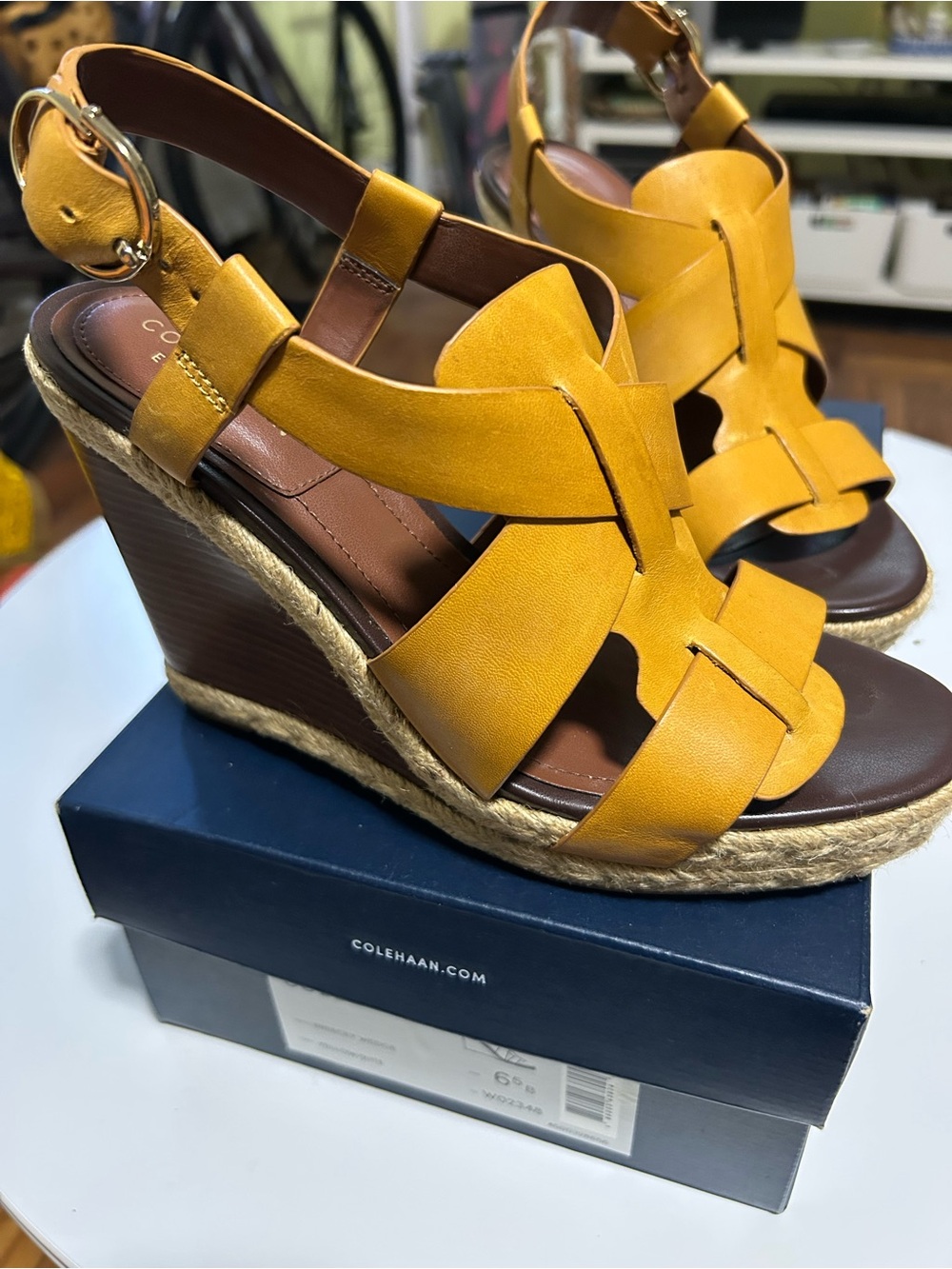 Cole Haan Mustard Yellow Leather Espadrille Wedge Sandals